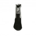 Spitze texanische Damenstiefelette mit Reissverschluss aus schwarzem Wildleder und bedrucktem schwarzweissem Leder Absatz 4 - Verfügbare Größen:  33, 34, 42, 43, 44