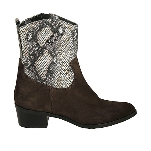 Woman's pointy texan ankle boot with zipper in brown suede and printed leather heel 4 - Available sizes:  32, 42