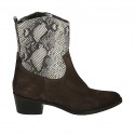 Botines tejanos a punta para mujer con cremallera en gamuza marron y piel estampada tacon 4 - Tallas disponibles:  32, 42