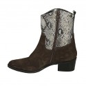 Botines tejanos a punta para mujer con cremallera en gamuza marron y piel estampada tacon 4 - Tallas disponibles:  32, 42