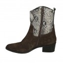 Woman's pointy texan ankle boot with zipper in brown suede and printed leather heel 4 - Available sizes:  32, 42