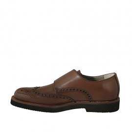Men's shoe with buckles and Brogue decorations in brown leather - Available sizes:  46, 47 2