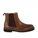 Men's ankle boot with elastic bands and Brogue decorations in tan brown leather - Available sizes:  48