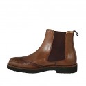 Men's ankle boot with elastic bands and Brogue decorations in tan brown leather - Available sizes:  48