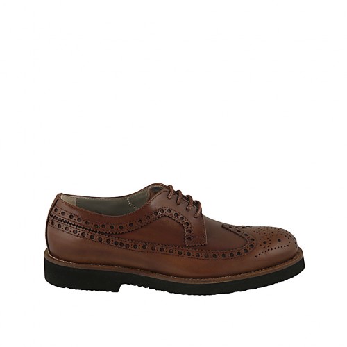 Scarpa stringata derby da uomo con lavorazione Brogue in pelle color cuoio - Misure disponibili: 46