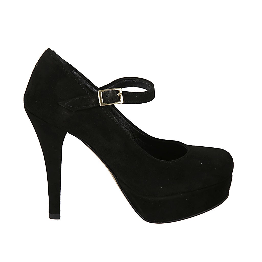 Woman's platform pump in black suede with strap heel 11