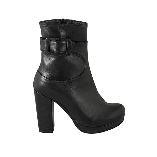 Woman's ankle boot with buckle, zipper and platform in black leather heel 10 - Available sizes:  42
