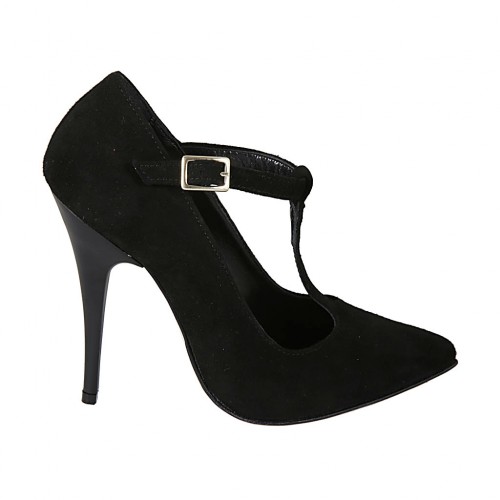 Woman's T-strap pump in black suede heel 11