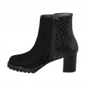 Woman's ankle boot with zipper and buttons in black suede and printed patent leather heel 6 - Available sizes:  43