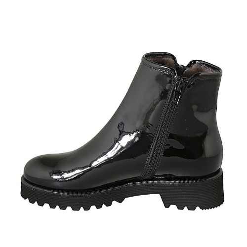 Botines para mujer en charol negro con cremalleras, forro y plantilla  extraible tacon 4