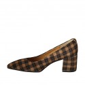 Zapato de salon a punta para mujer en gamuza escocésa marron y beis tacon 6 - Tallas disponibles:  43