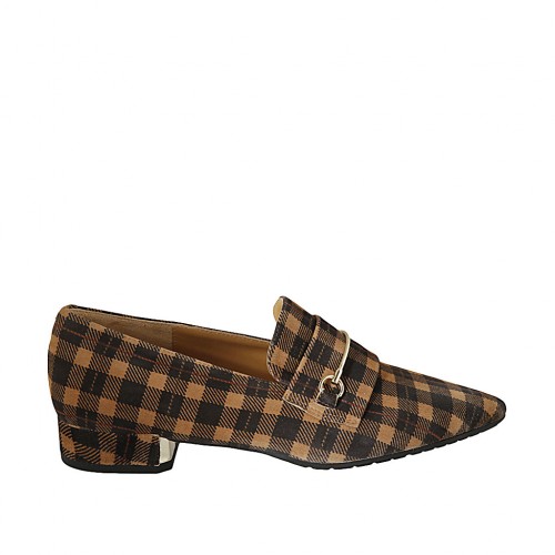 Woman's pointy loafer in plaid brown and beige suede with accessory heel 3 - Available sizes:  42, 43