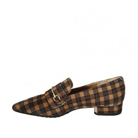 Woman's pointy loafer in plaid brown and beige suede with accessory heel 3 - Available sizes:  42, 43 2