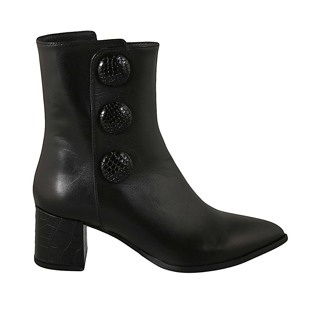 Botines para mujer con cremallera y botones en piel negra y piel estampada  negra tacon 6