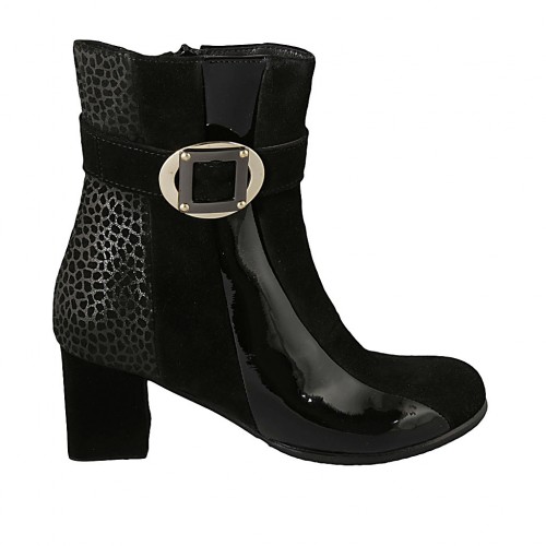 Woman's ankle boot with zipper and buckle in black and spotted suede and black patent leather heel 6 - Available sizes:  32, 43