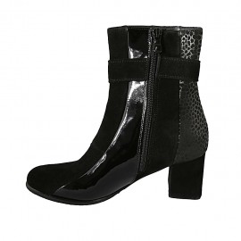 Botines para mujer con cremallera y hebilla en gamuza negra y moteada y charol negro tacon 6 - Tallas disponibles:  43 2