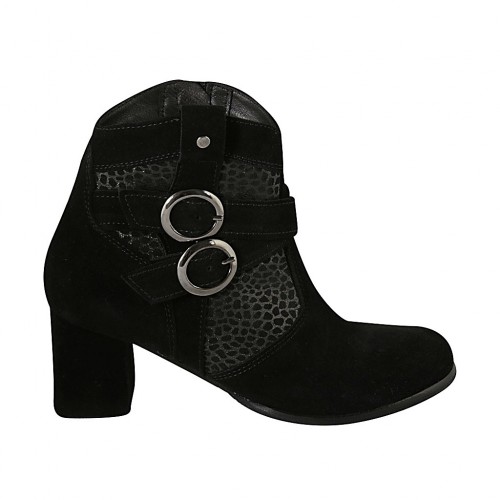 Woman's ankle boot with zipper and buckles in black and spotted suede heel 6 - Available sizes:  32, 33, 43