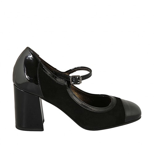 Zapato de salon para mujer en gamuza y charol negro con correa tacon 7