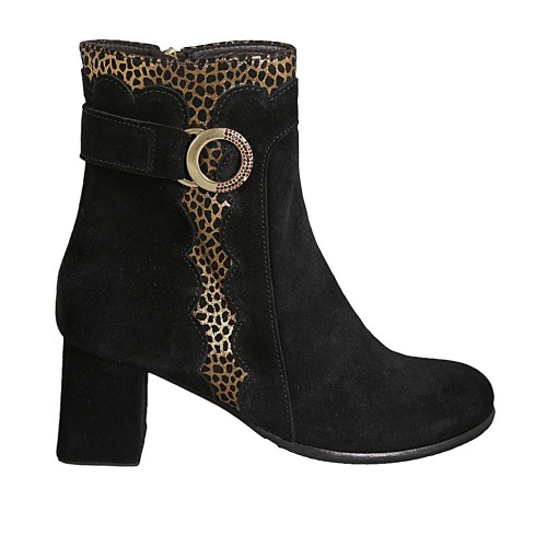 Woman's ankle boot with zipper and buckle in black and golden spotted suede heel 6 - Available sizes:  32, 33, 42, 43