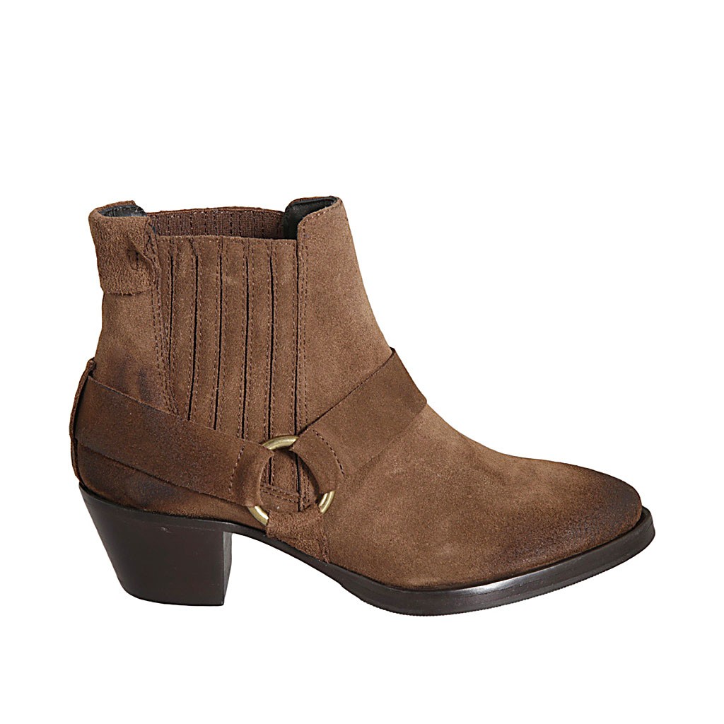Botines tejanos para mujer con elasticos en gamuza brun claro tacon 5