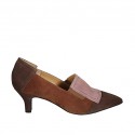 Woman's shoe with elastics in brown, rose and taupe suede heel 5 - Available sizes:  43, 45