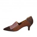 Zapato cerrado para mujer con elasticos en gamuza marron, rosa y gris pardo tacon 5 - Tallas disponibles:  32, 43, 45