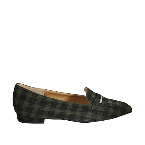 Woman's pointy loafer in plaid green and black suede heel 1 - Available sizes:  33, 42