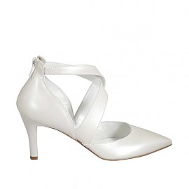 Woman's pump in pearled ivory leather with backside zipper and crossed straps heel 7 - Available sizes:  45