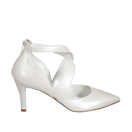 Woman's pump in pearled ivory leather with backside zipper and crossed straps heel 7 - Available sizes:  45