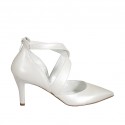 Woman's pump in pearled ivory leather with backside zipper and crossed straps heel 7 - Available sizes:  44, 45