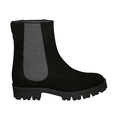 Botines para mujer con elasticos plateados en gamuza negra tacon 3