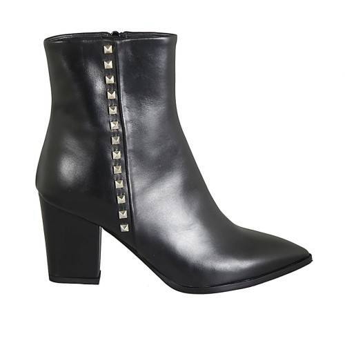 Woman's pointy ankle boot with zipper and studs in black leather heel 7 - Available sizes:  42