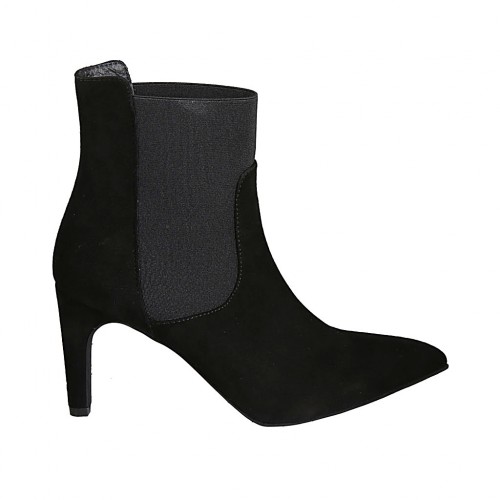Botines a punta para mujer con elastico en gamuza negra tacon 8