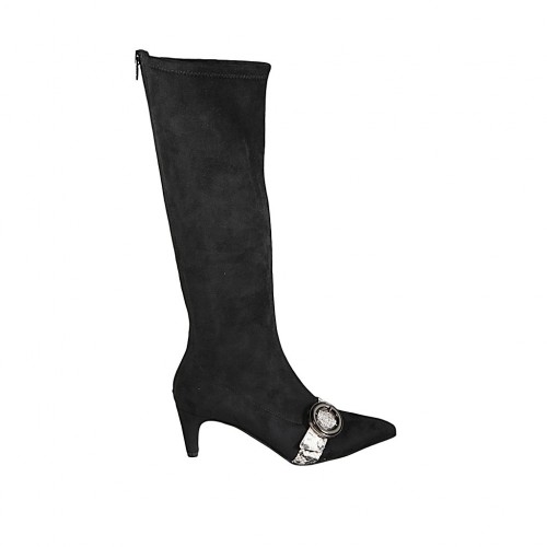 Woman's pointy boot with zipper and buckle in black elastic suede and black and white printed leather heel 6 - Available sizes:  31