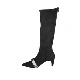 Woman's pointy boot with zipper and buckle in black elastic suede and black and white printed leather heel 6 - Available sizes:  31 2