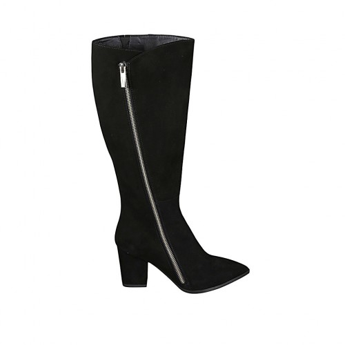 Woman's pointy boot with zipper in black suede heel 7 - Available sizes:  31, 32, 33