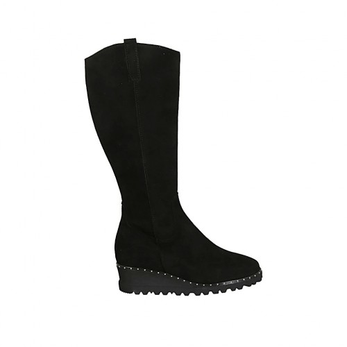 Bottes pour femmes avec fermeture éclair, goujons et semelle amovible en  daim noir talon compensé 4
