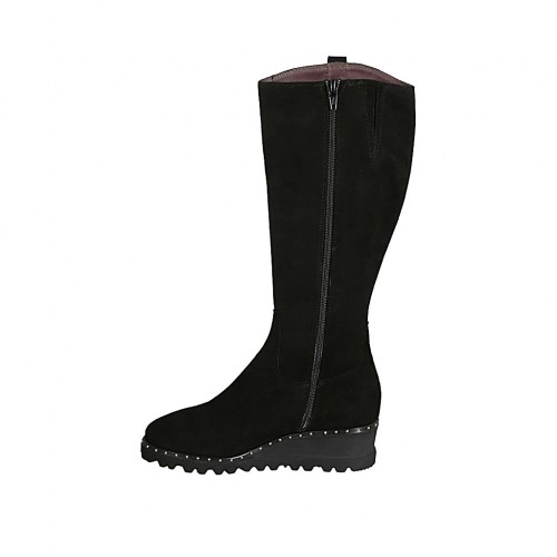 Botas para mujer con cremallera, tachuelas y plantilla extraible en gamuza  negra cuña 4