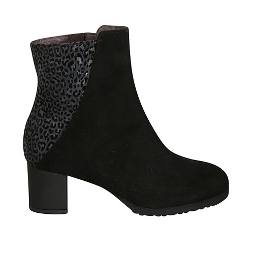 Botines para mujer con cremallera y plantilla extraible en gamuza negra y  gamuza imprimida moteada gris tacon 5