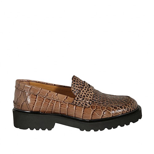 Woman's mocassin in tan brown printed leather heel 3 - Available sizes:  32