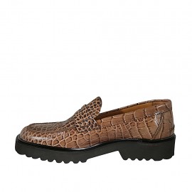 Woman's mocassin in cognac brown printed leather heel 3 - Available sizes:  32 2