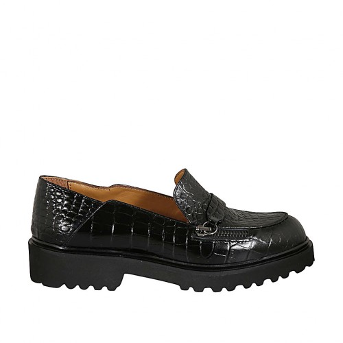 Woman's mocassin with zipper accessory in black printed leather heel 3 - Available sizes:  32