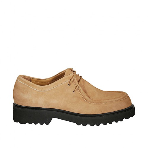 Scarpa stringata derby da donna in camoscio beige tacco 3 - Misure disponibili: 33, 42, 43, 45