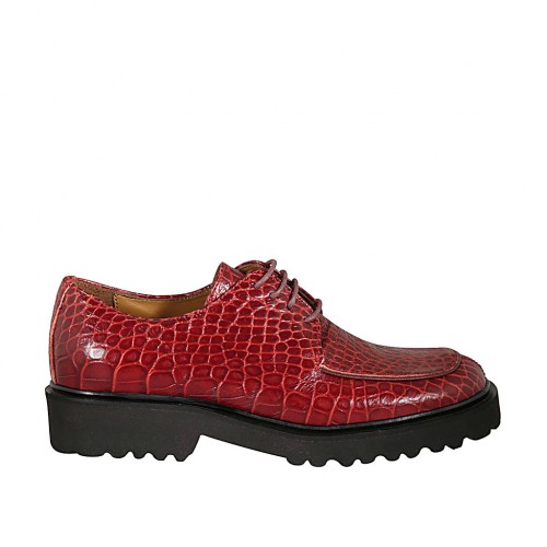 Zapato derby para mujer con cordones en piel imprimida roja tacon 3 - Tallas disponibles:  32, 43
