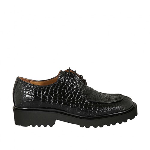 Chaussure derby à lacets pour femmes en cuir imprimé noir talon 3 - Pointures disponibles:  32, 42, 43