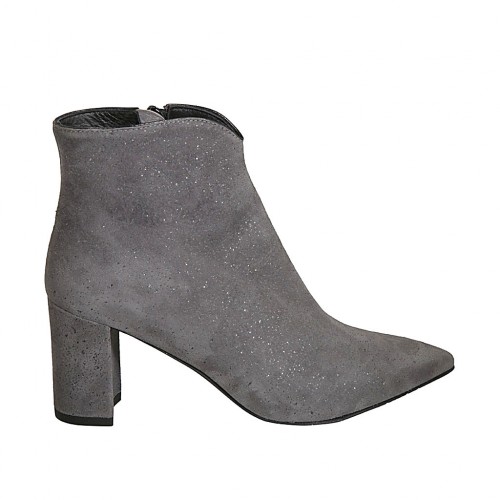 Woman's pointy ankle boot with zipper in glittered printed grey suede heel 7 - Available sizes:  43