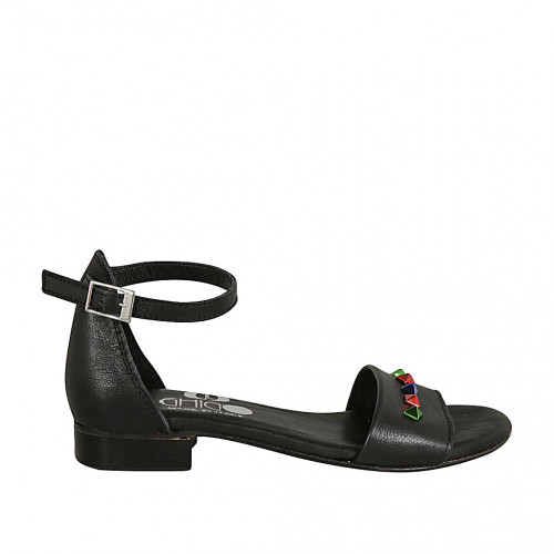 Chaussure ouvert pour femmes en cuir noir avec courroie et goujons colorés talon 2 - Pointures disponibles:  32, 33