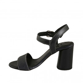 Woman's strap sandal in dark blue leather and printed leather heel 7 - Available sizes:  42 2