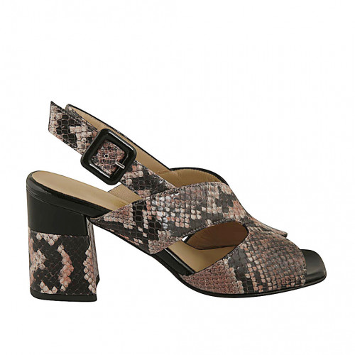 Woman's sandal in rose and black printed leather and patent leather heel 7 - Available sizes:  42, 43