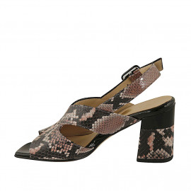 Woman's sandal in rose and black printed leather and patent leather heel 7 - Available sizes:  42 2